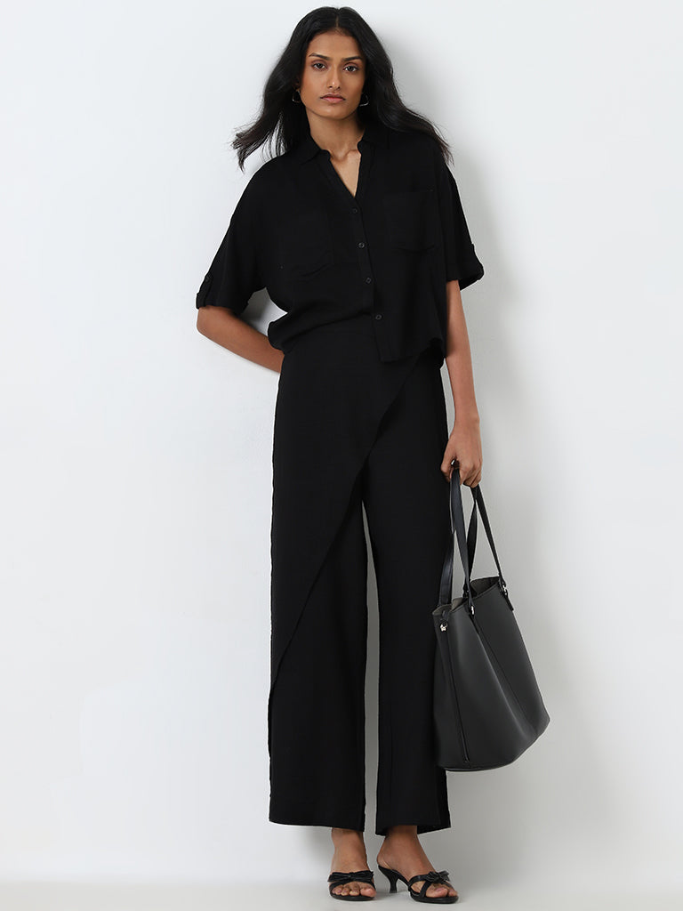 LOV Black High-Rise Asymmetrical Trousers