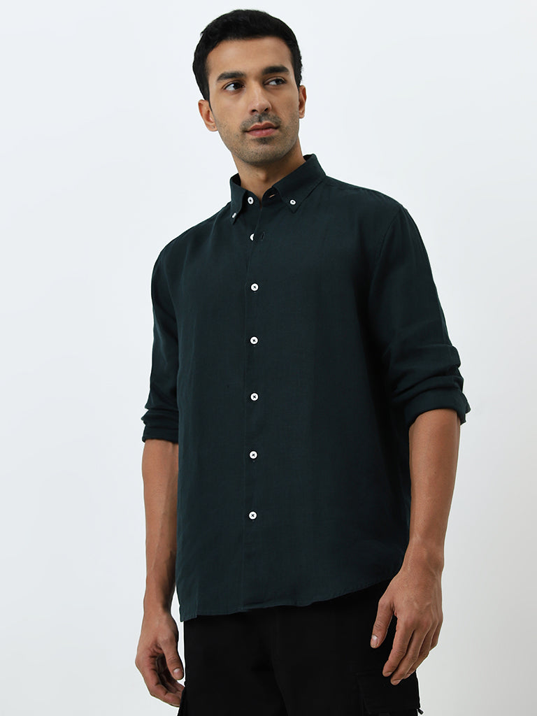 Ascot Dark Green Solid Relaxed-Fit Linen Shirt