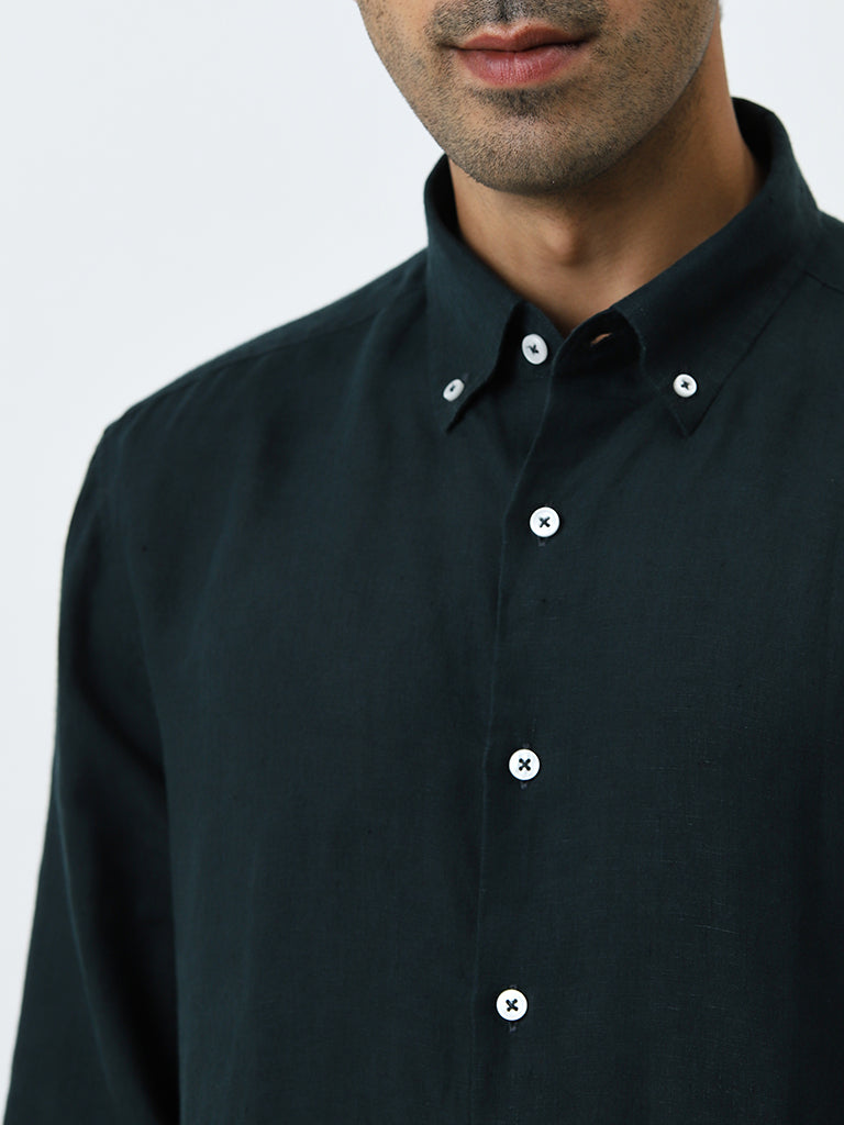 Ascot Dark Green Solid Relaxed-Fit Linen Shirt