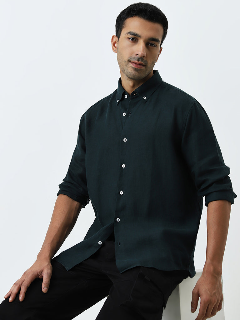 Ascot Dark Green Solid Relaxed-Fit Linen Shirt