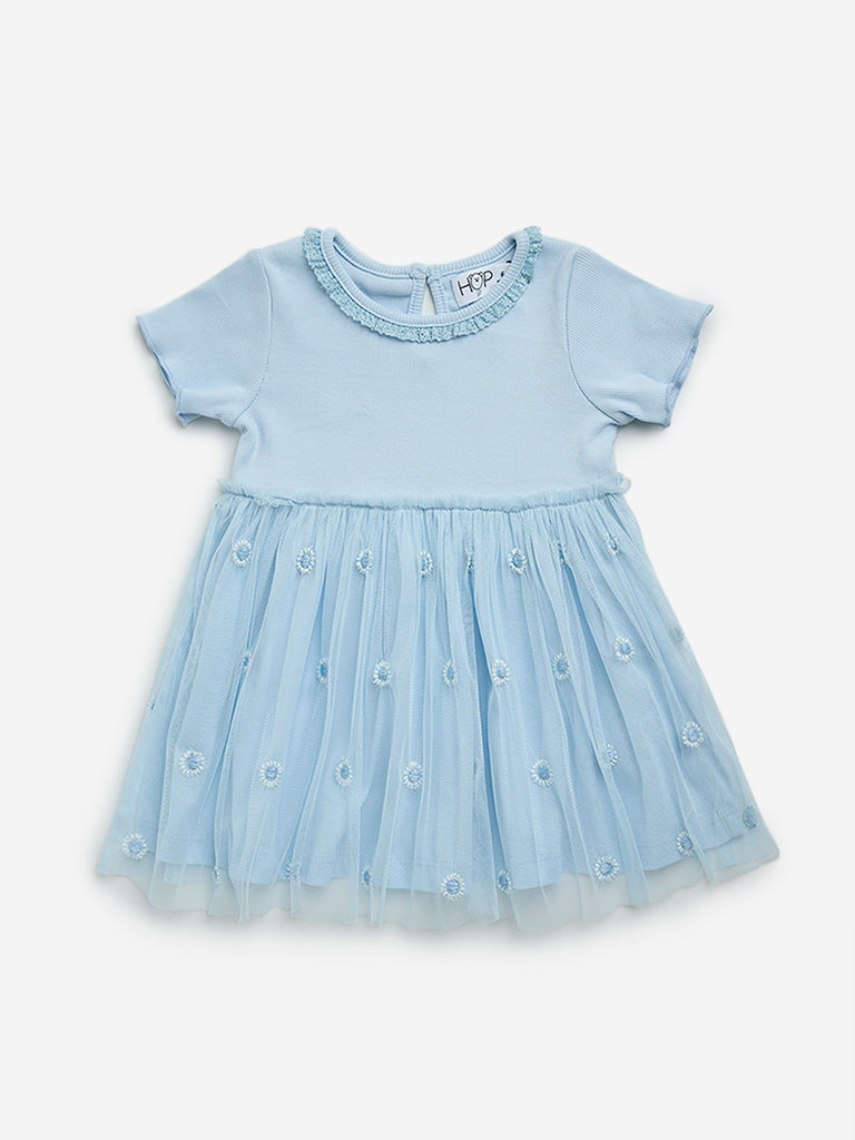 HOP Baby Blue Floral and Lace-Designed Cotton A-Line Dress