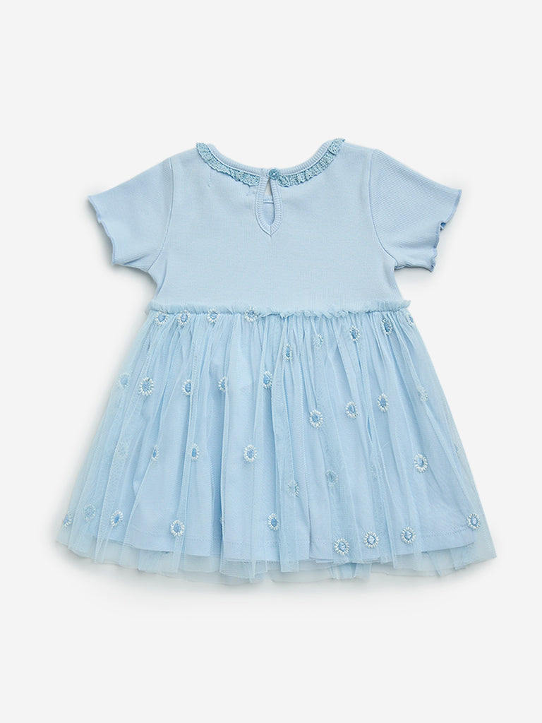 HOP Baby Blue Floral and Lace-Designed Cotton A-Line Dress