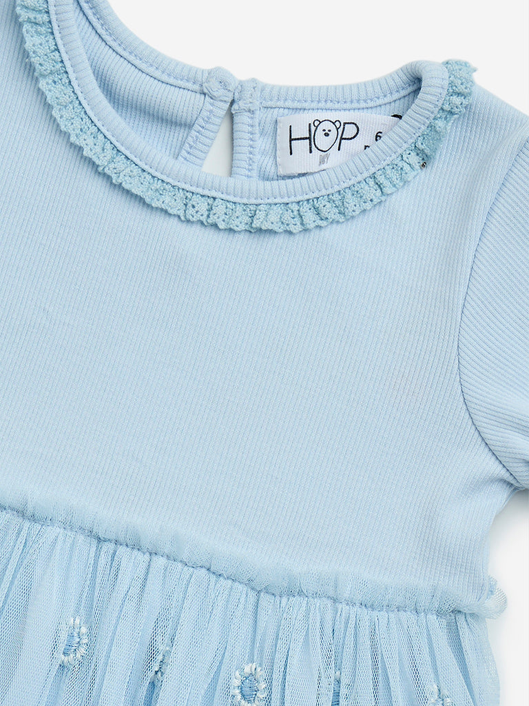 HOP Baby Blue Floral and Lace-Designed Cotton A-Line Dress