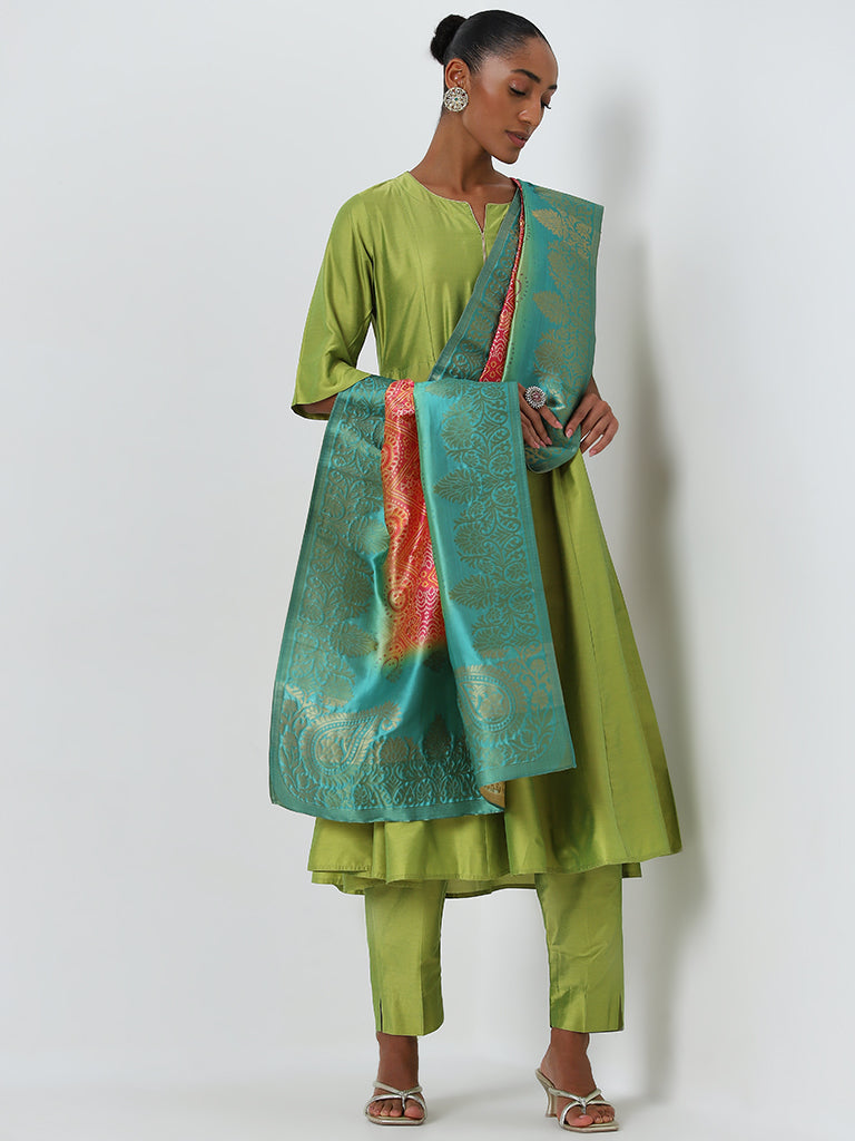 Vark Lime A-Line Kurta, Ethnic Pants and Brocade Design Dupatta Set