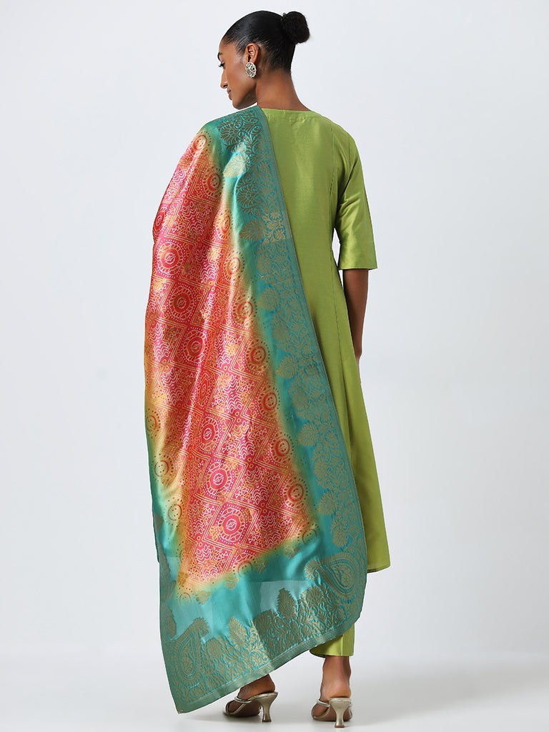 Vark Lime A-Line Kurta, Ethnic Pants and Brocade Design Dupatta Set