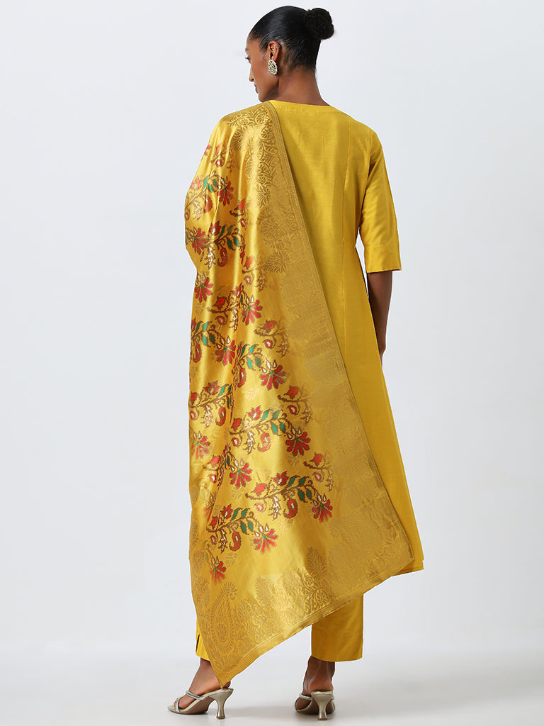 Vark Mustard Kurta, Ethnic Pants and Bandhani Dupatta Set