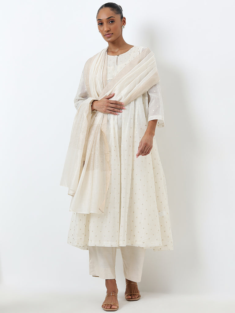 Zuba Off-White Stripe Printed Dupatta