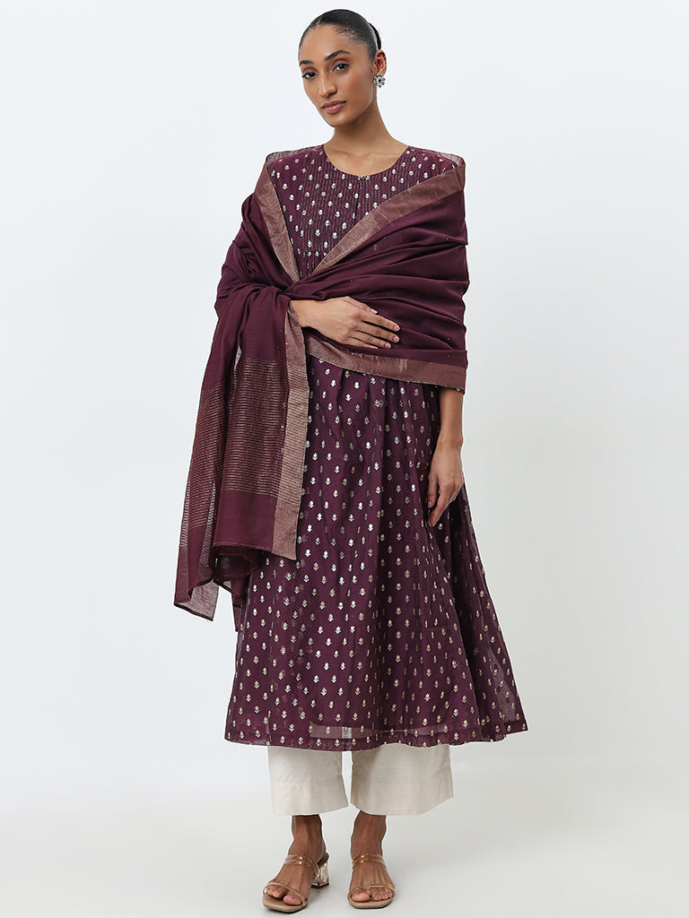 Zuba Purple Stripe Printed Dupatta