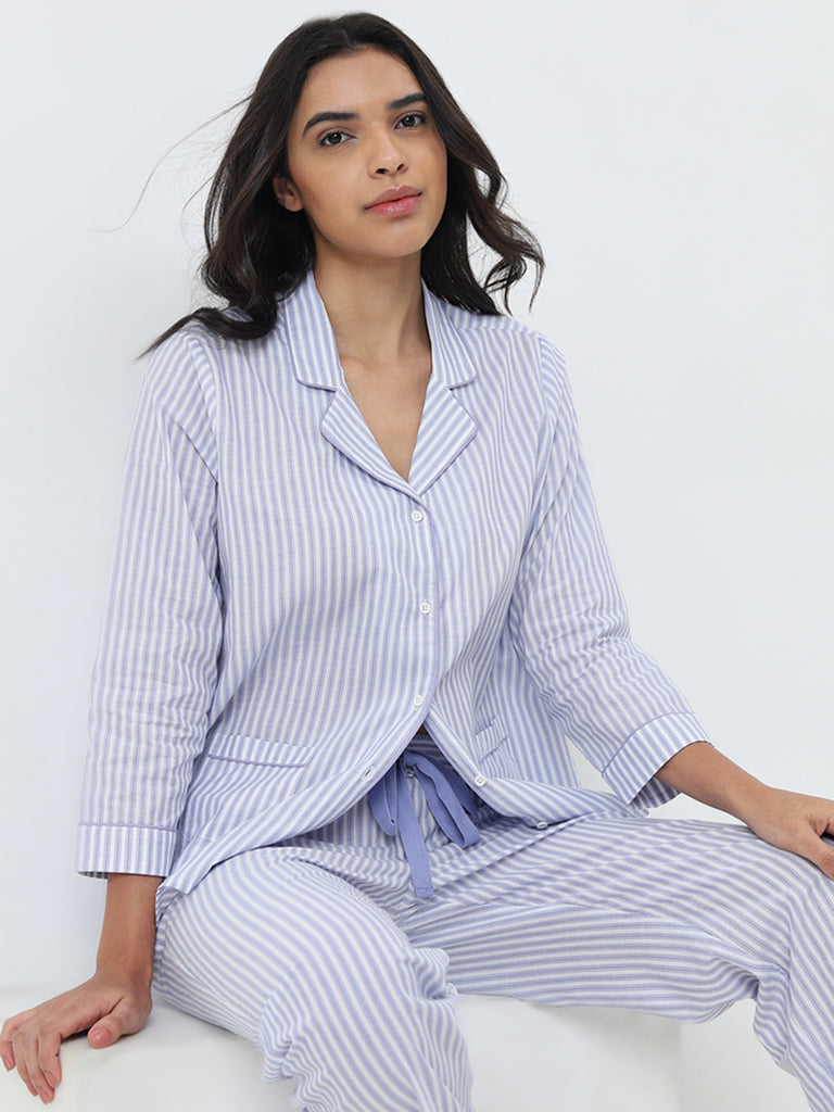 Wunderlove Blue Cotton Shirt with High-Rise Pyjamas Set