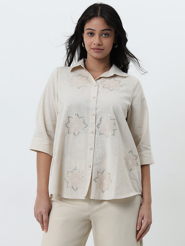 Gia Beige Embellished Cotton Shirt