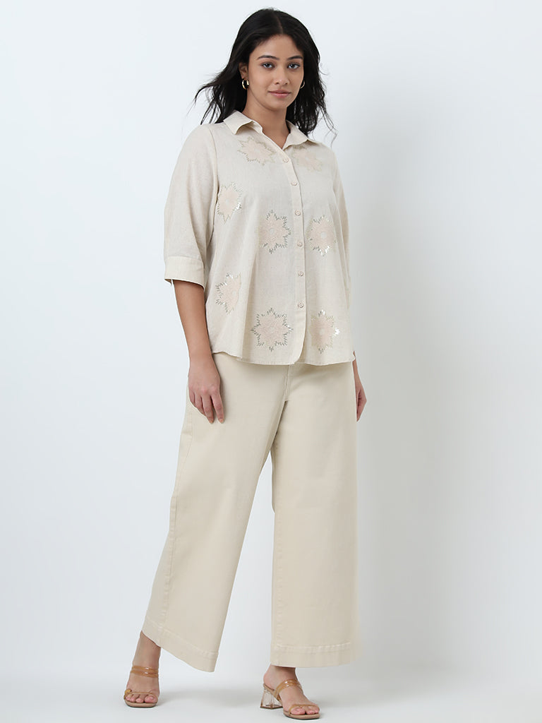 Gia Beige Embellished Cotton Shirt