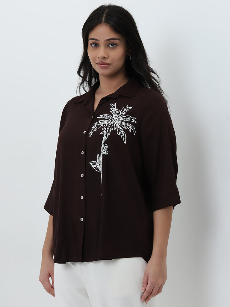 Gia Brown Tropical Embroidered Shirt