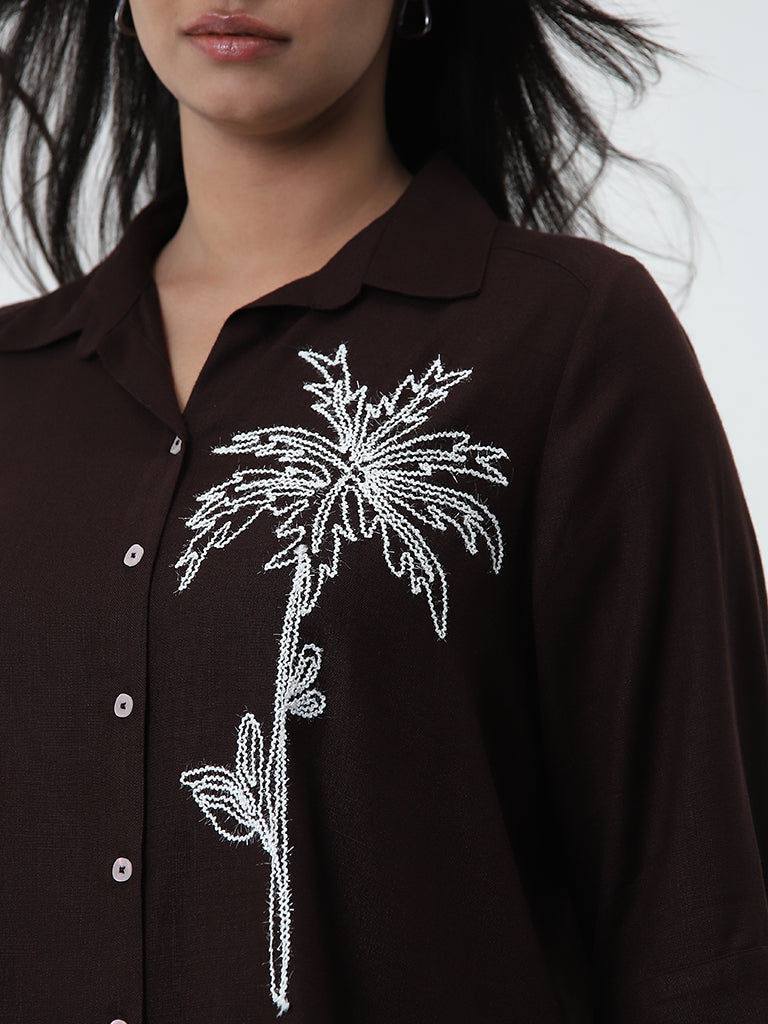 Gia Brown Tropical Embroidered Shirt