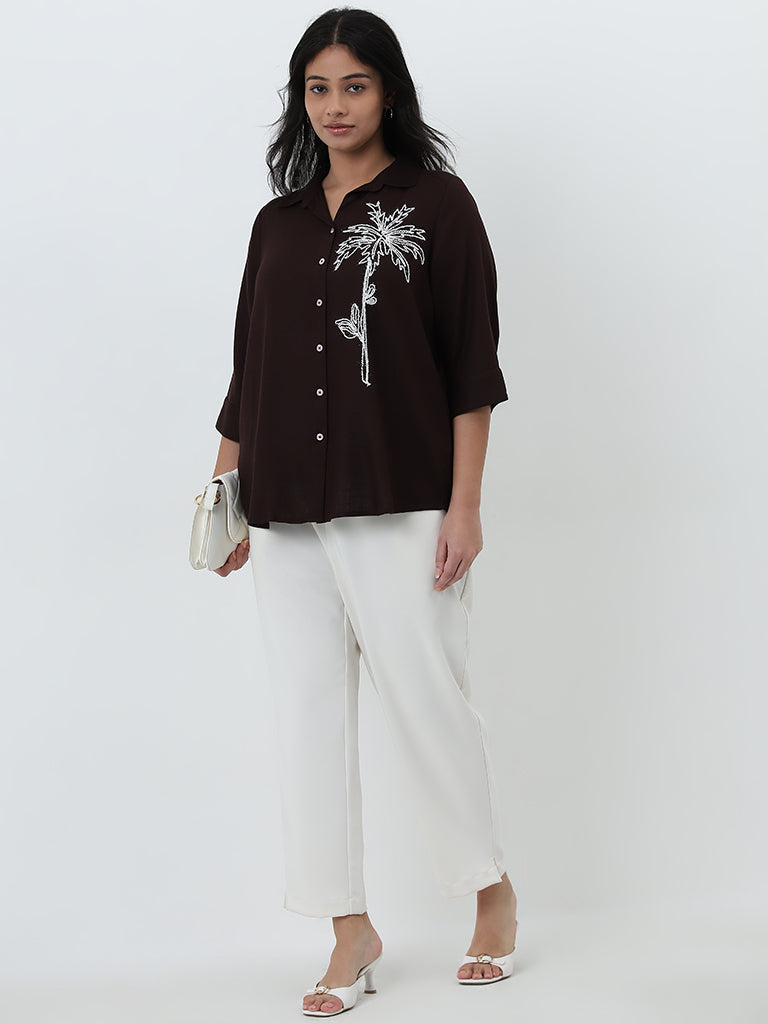 Gia Brown Tropical Embroidered Shirt