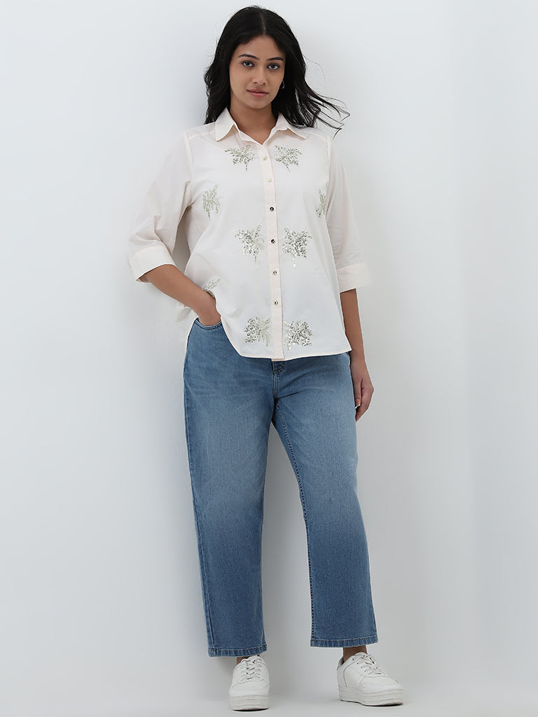 Gia Cream Embellished Cotton Shirt