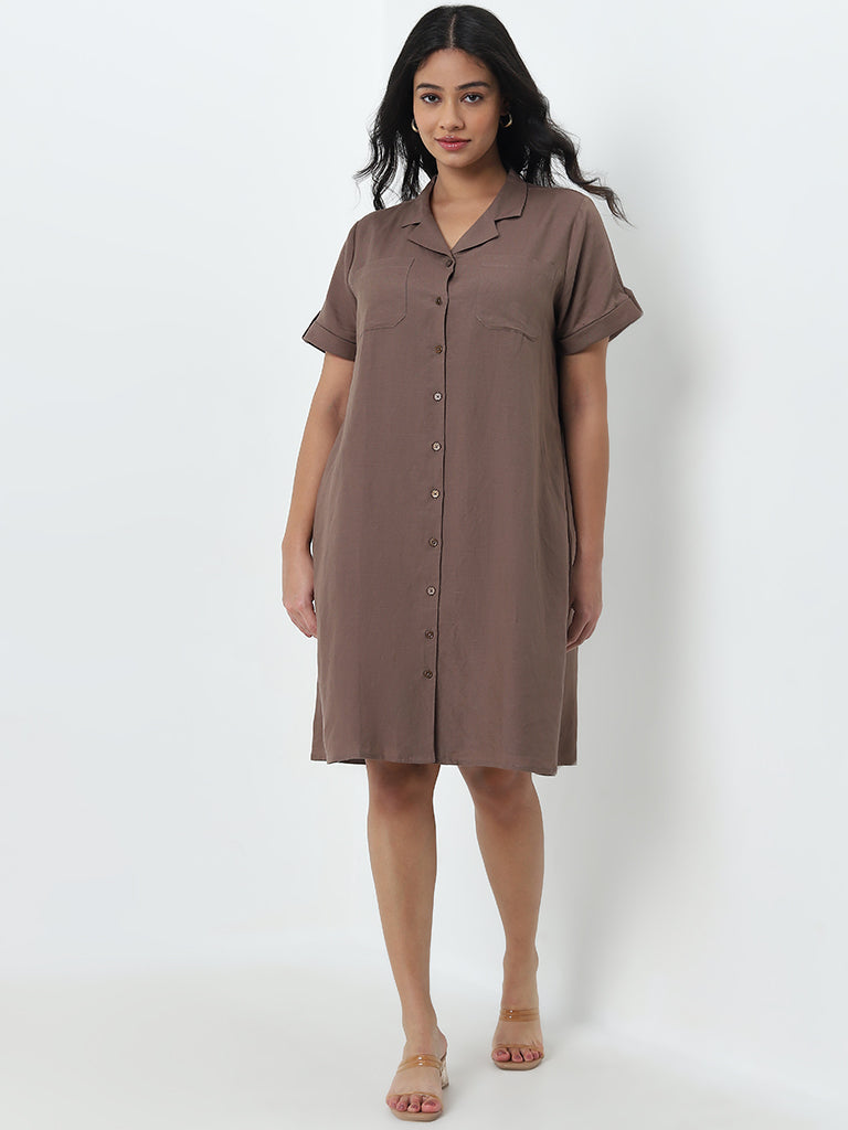 Gia Dark Brown Solid Blended Linen Shirt Dress