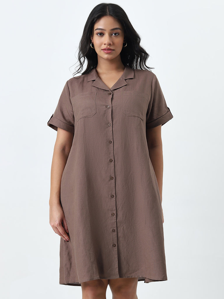 Gia Dark Brown Solid Blended Linen Shirt Dress