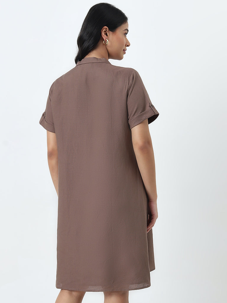 Gia Dark Brown Solid Blended Linen Shirt Dress