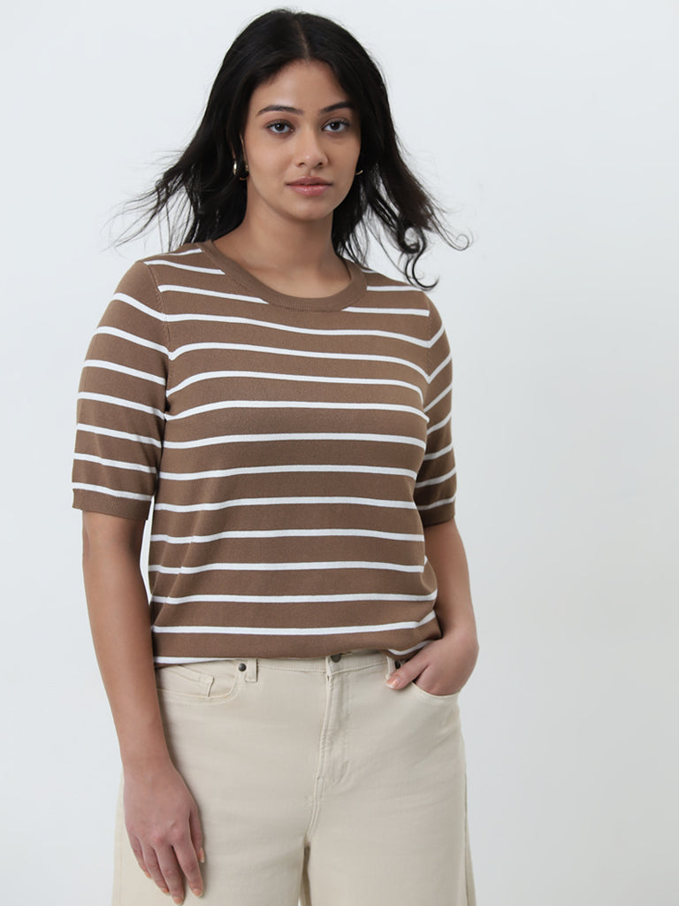 Gia Beige Striped Knitted T-Shirt