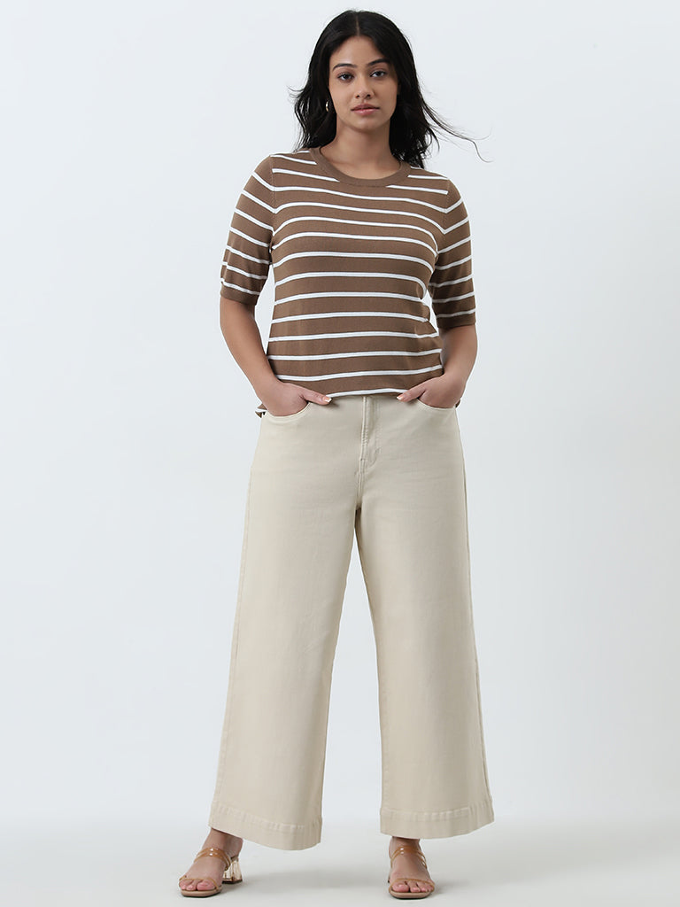 Gia Beige Striped Knitted T-Shirt