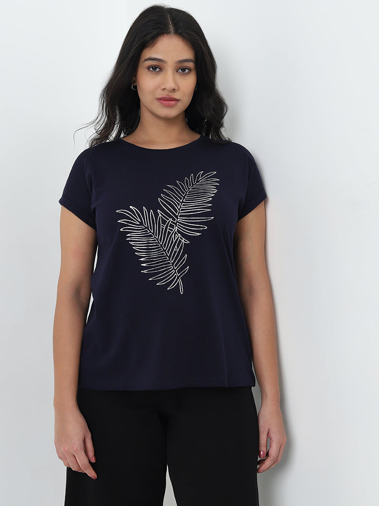 Gia Navy Blue Leaf Printed Cotton T-Shirt