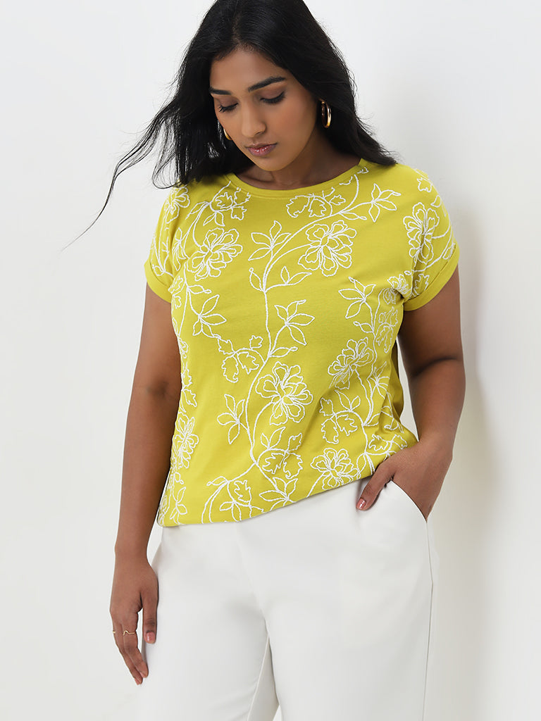 Gia Mustard Floral Printed Cotton T-Shirt