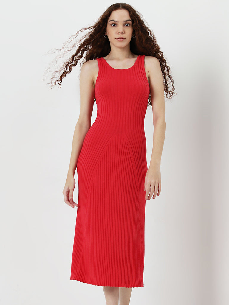 Nuon Red Ribbed Textured Cotton Straight Dress