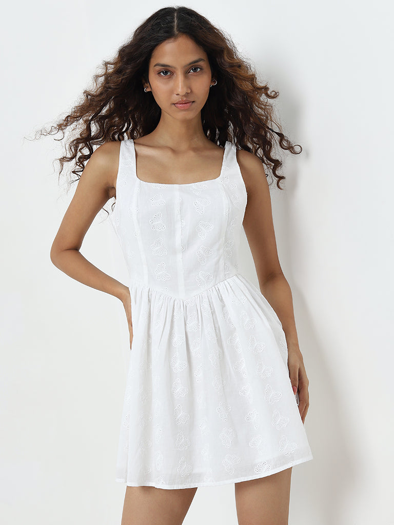 Nuon White Schiffli Detailed A-Line Cotton Dress