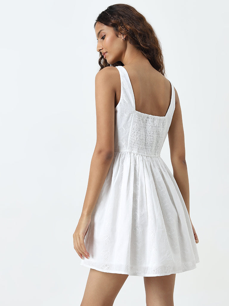 Nuon White Schiffli Detailed A-Line Cotton Dress