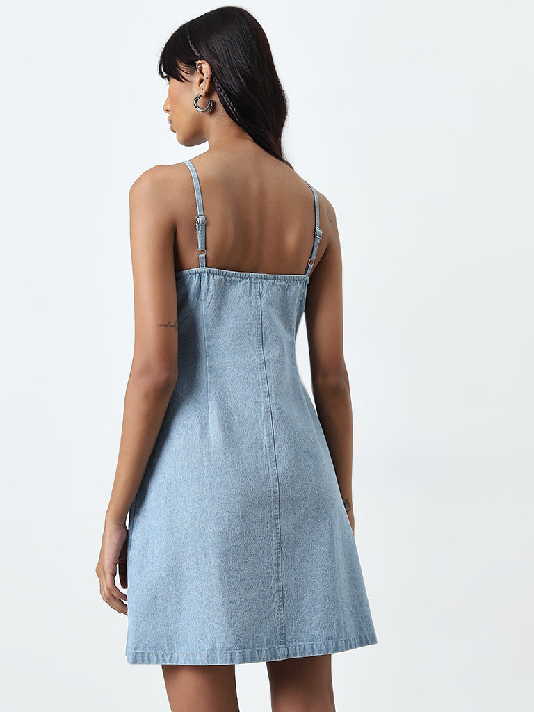 Nuon Light Blue Bow-Detailed Denim Straight Dress