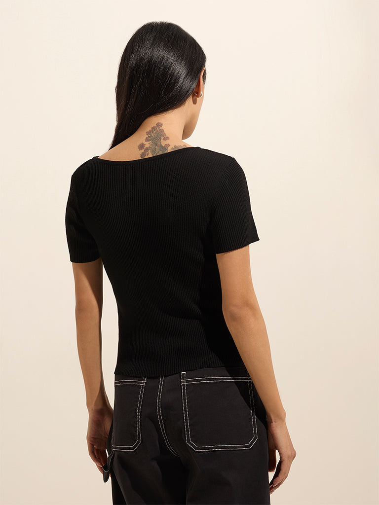 Nuon Black Ribbed Cut-Out Detailed Cotton-Blend Top