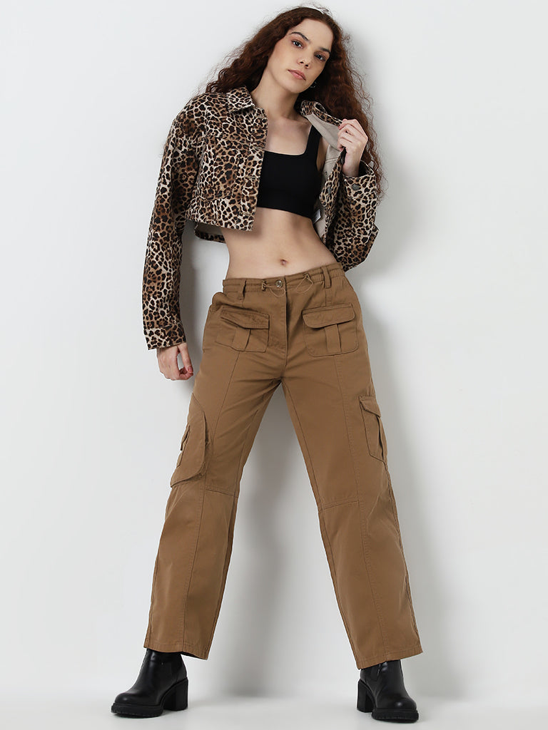 Nuon Brown Animal Printed Cropped Jacket