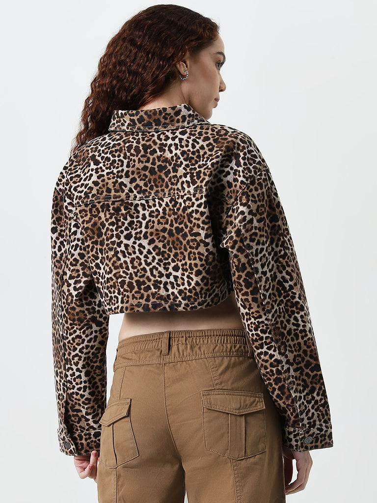 Nuon Brown Animal Printed Cropped Jacket