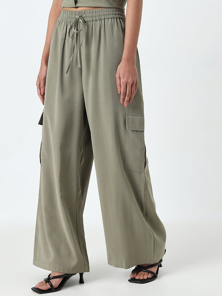 LOV Olive Cargo-Style High-Rise Pants