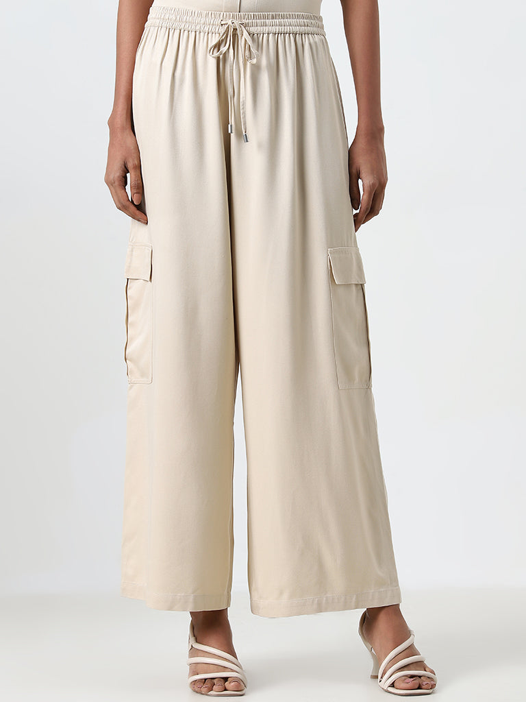 LOV Beige Cargo-Style High-Rise Pants