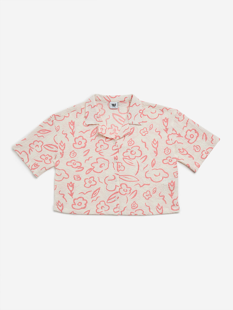 Y&F Kids Pink Floral Printed Crinkled Shirt