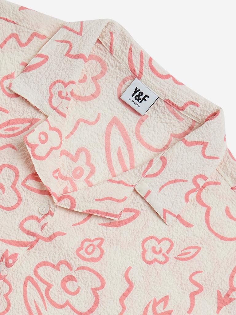 Y&F Kids Pink Floral Printed Crinkled Shirt