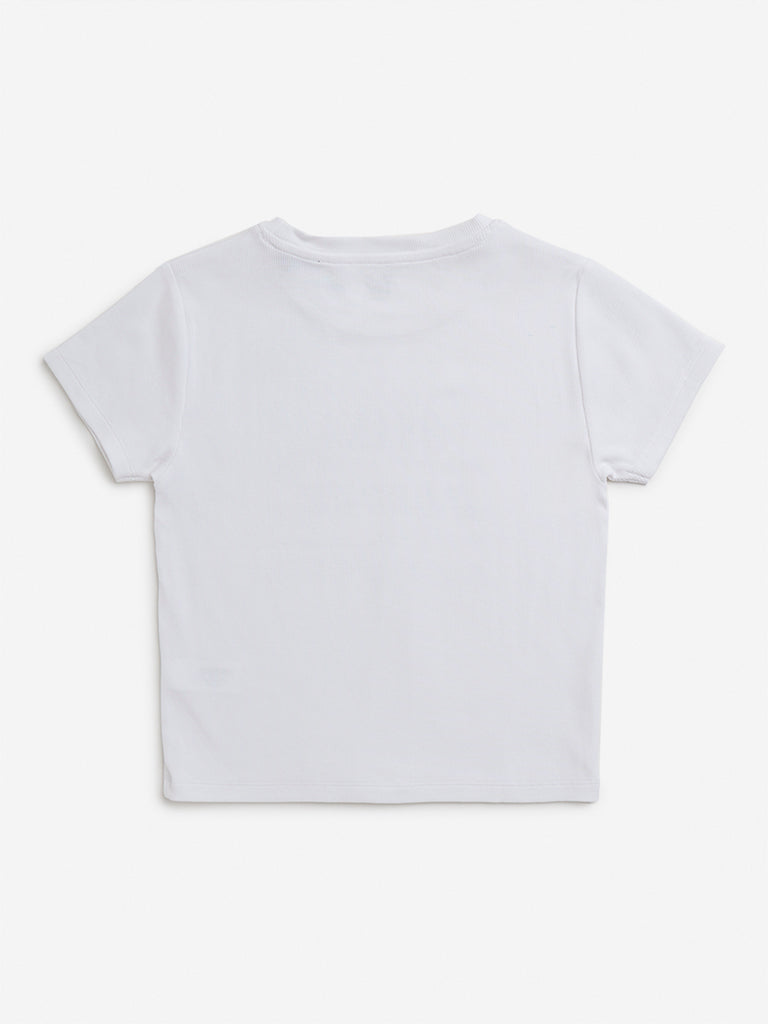 Y&F Kids White Ribbed Text-Printed Cotton Blend T-Shirt