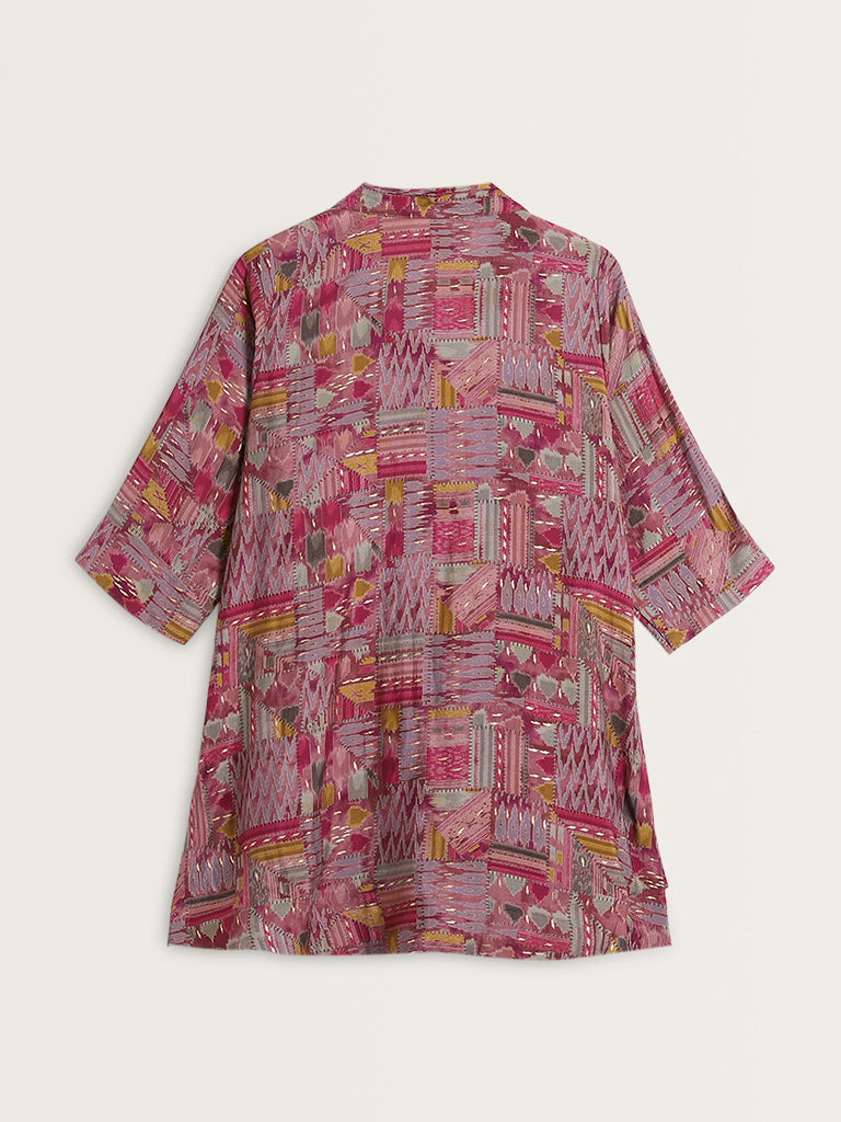 Diza Pink Ikat Printed High-Low Tunic