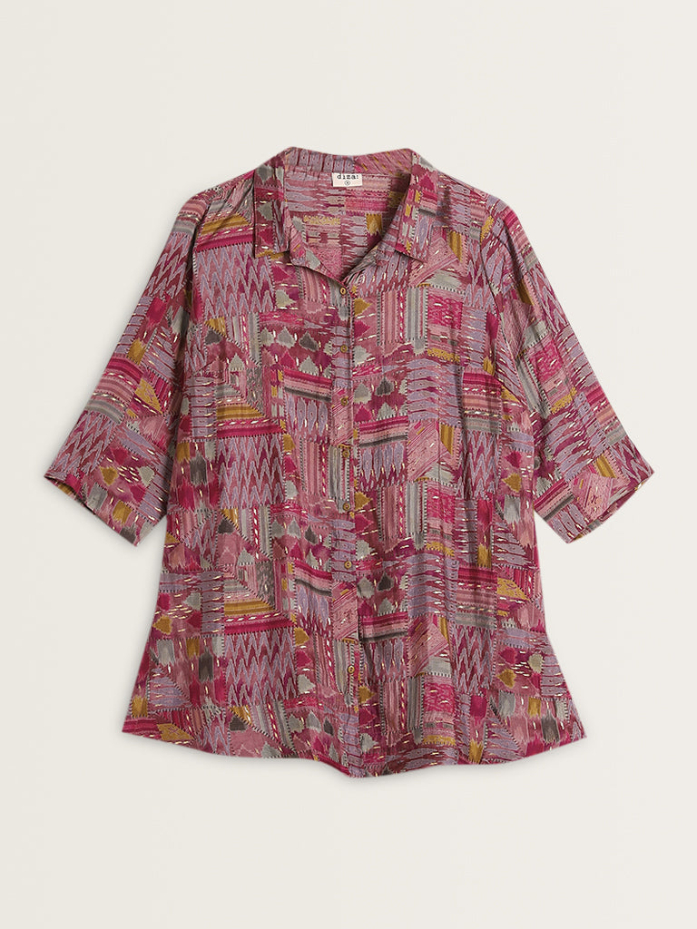 Diza Pink Ikat Printed High-Low Tunic