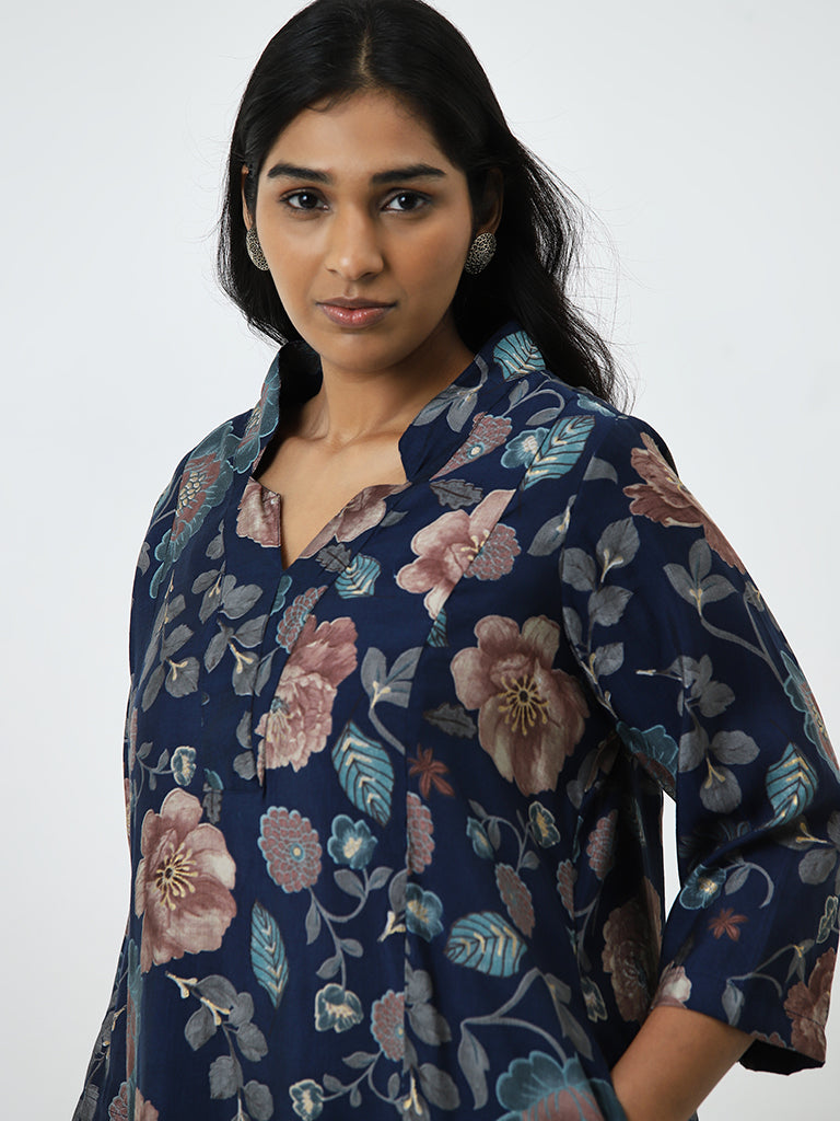 Diza Blue Floral A-Line Kurta