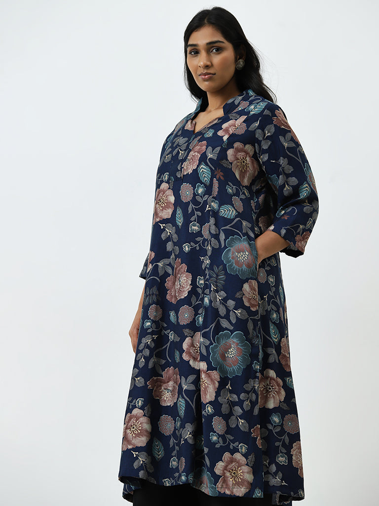 Diza Blue Floral A-Line Kurta