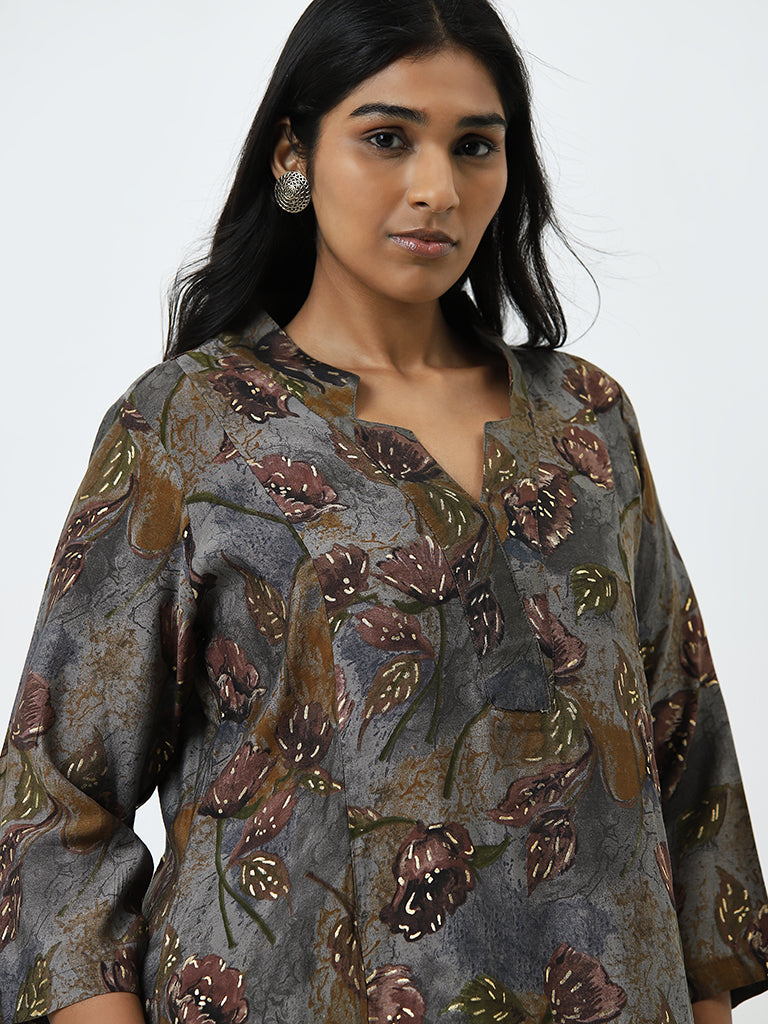 Diza Grey Leaf Printed A-Line Kurta