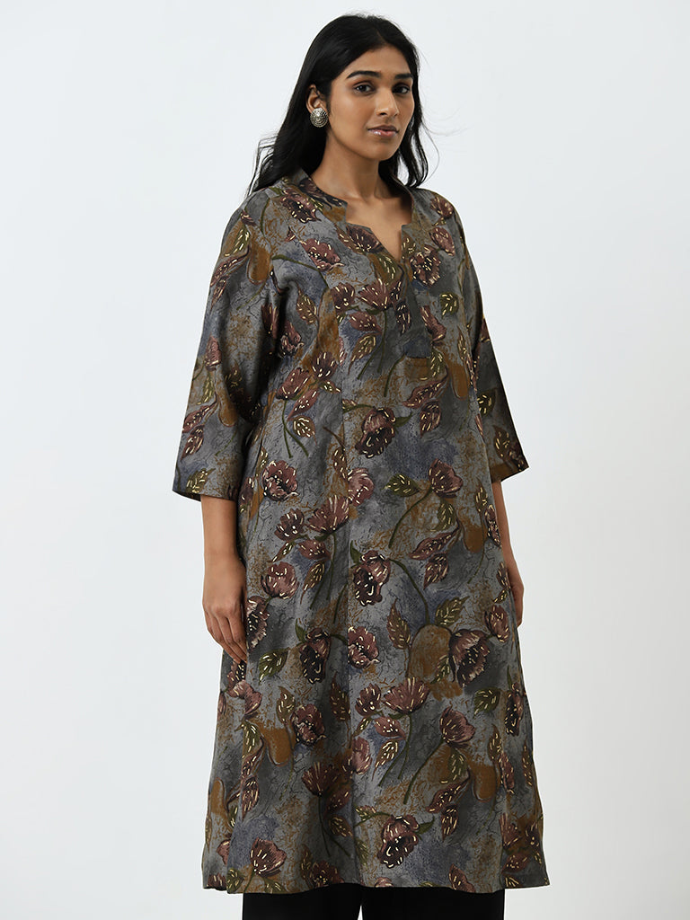 Diza Grey Leaf Printed A-Line Kurta