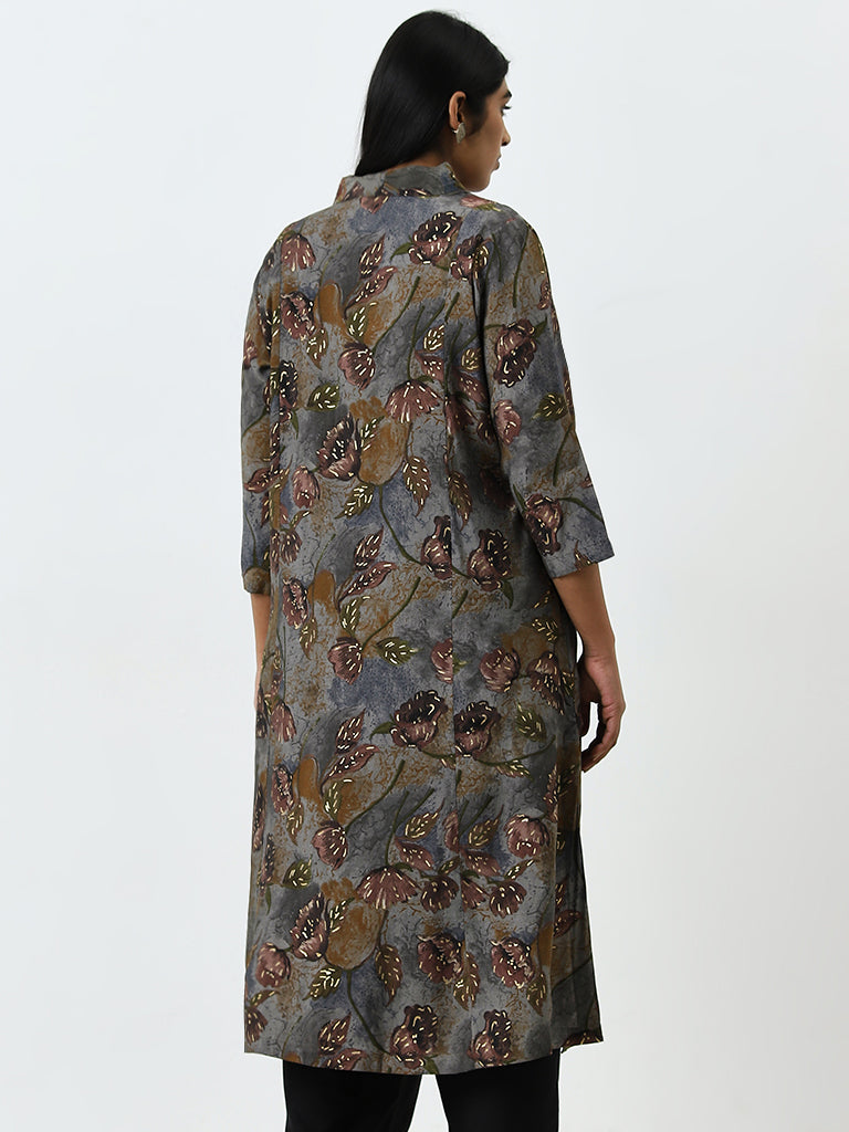 Diza Grey Leaf Printed A-Line Kurta