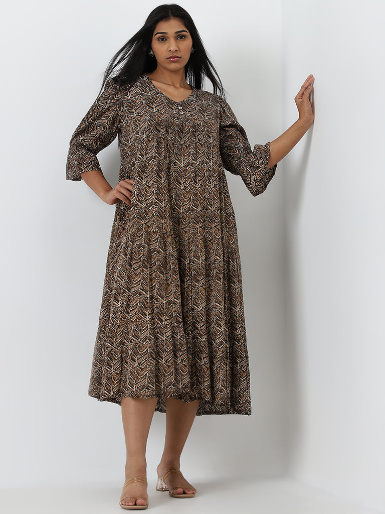 Diza Brown Leaf Printed Fit-and-Flare Tiered Dress