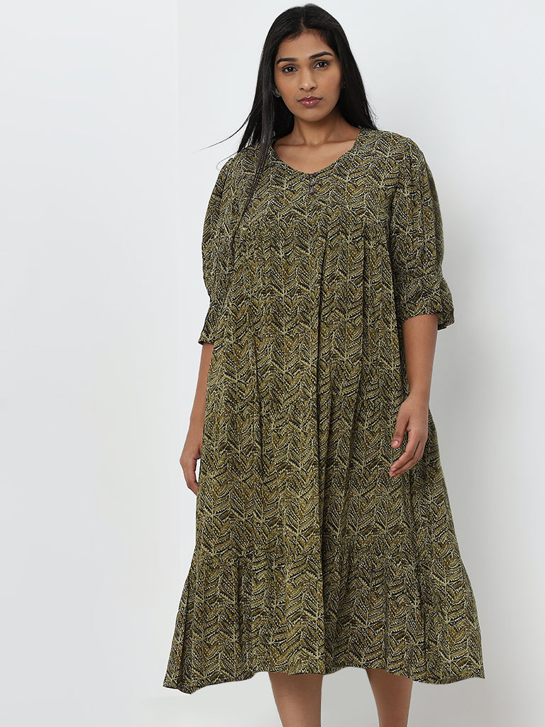 Diza Olive Leaf Printed Fit-and-Flare Tiered Dress