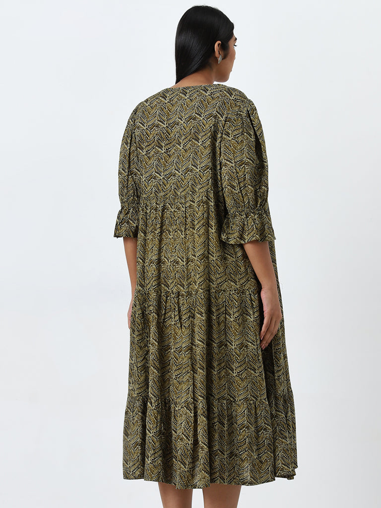 Diza Olive Leaf Printed Fit-and-Flare Tiered Dress