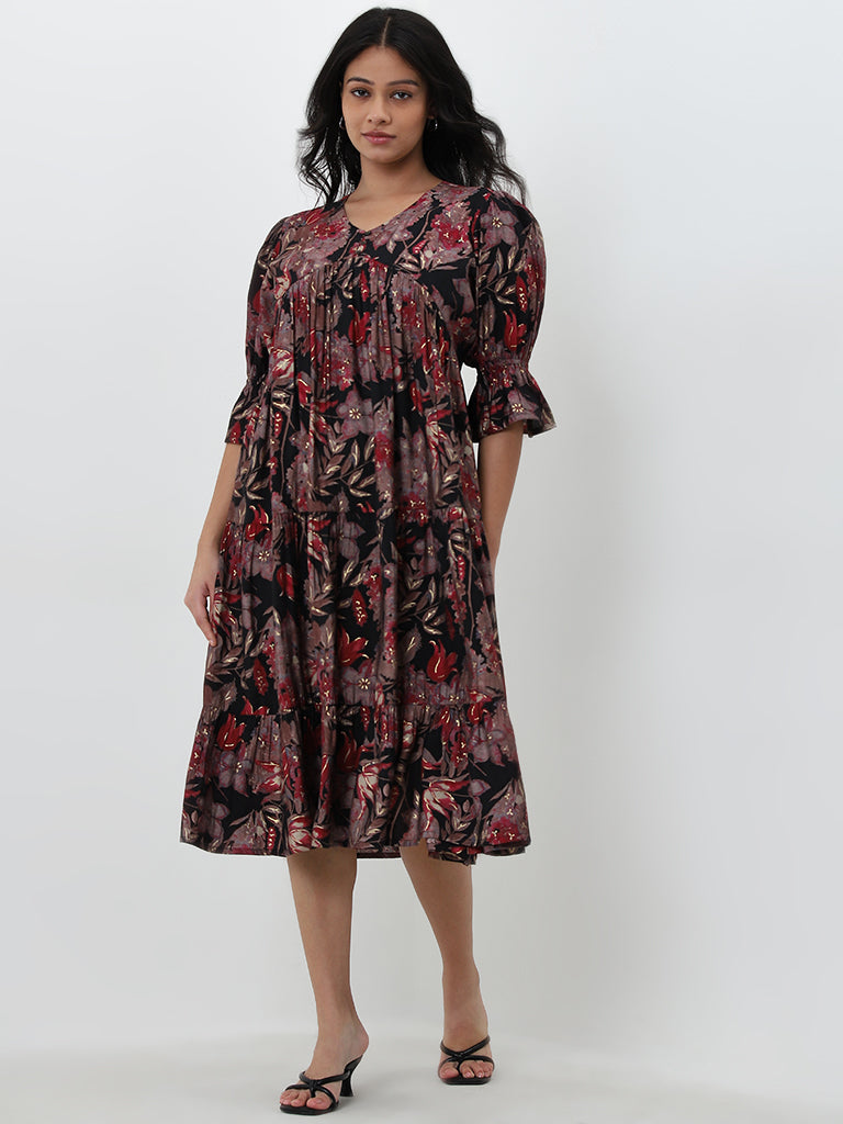 Diza Black Floral Printed Tiered Dress