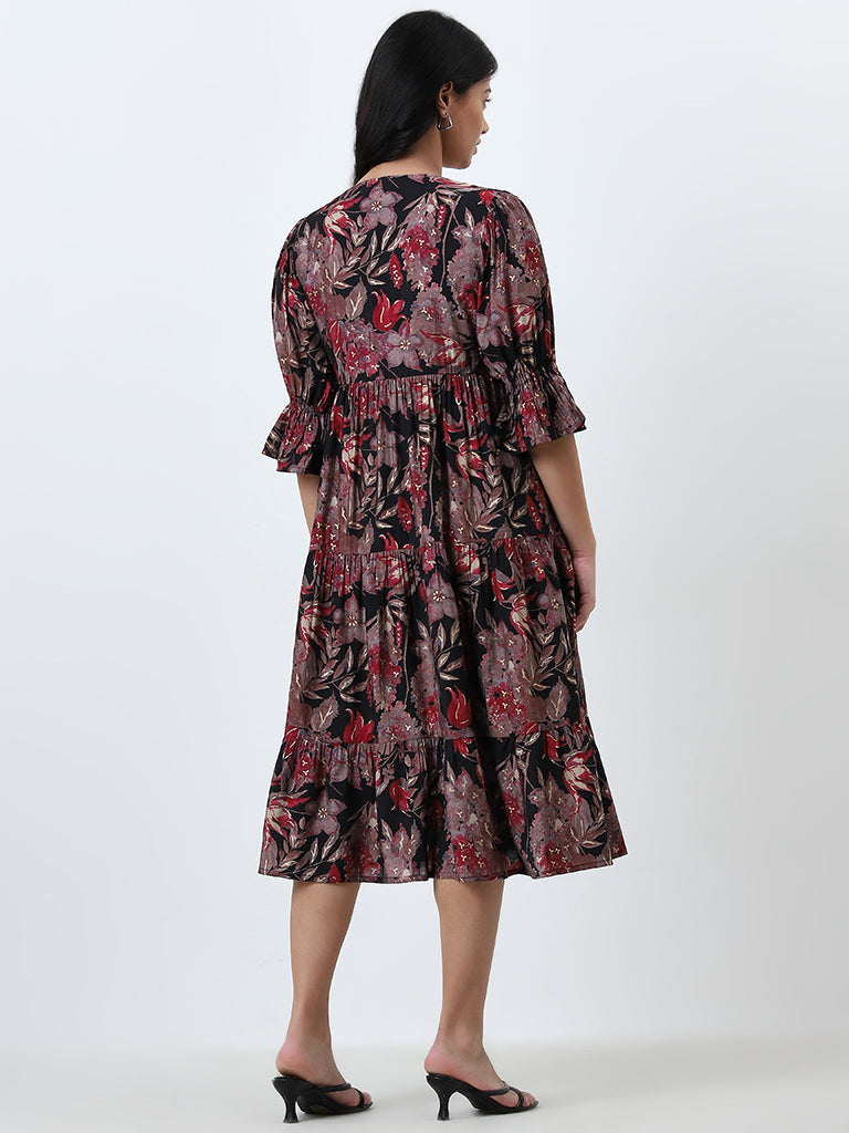 Diza Black Floral Printed Tiered Dress